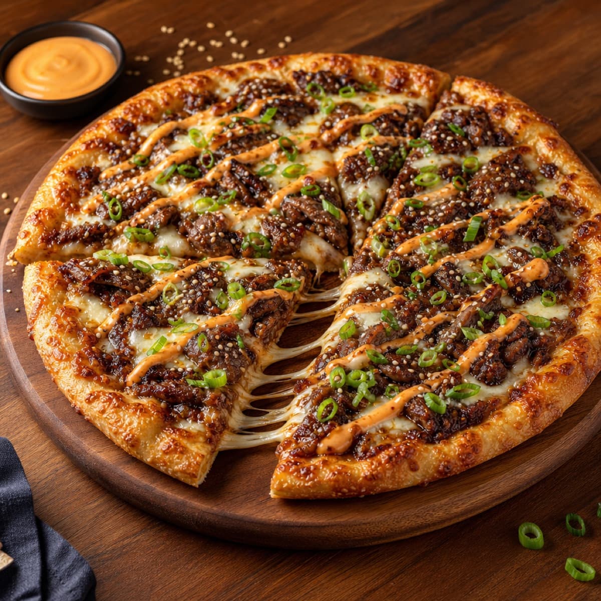 A Korean bulgogi fusion pizza with mozzarella and scallions