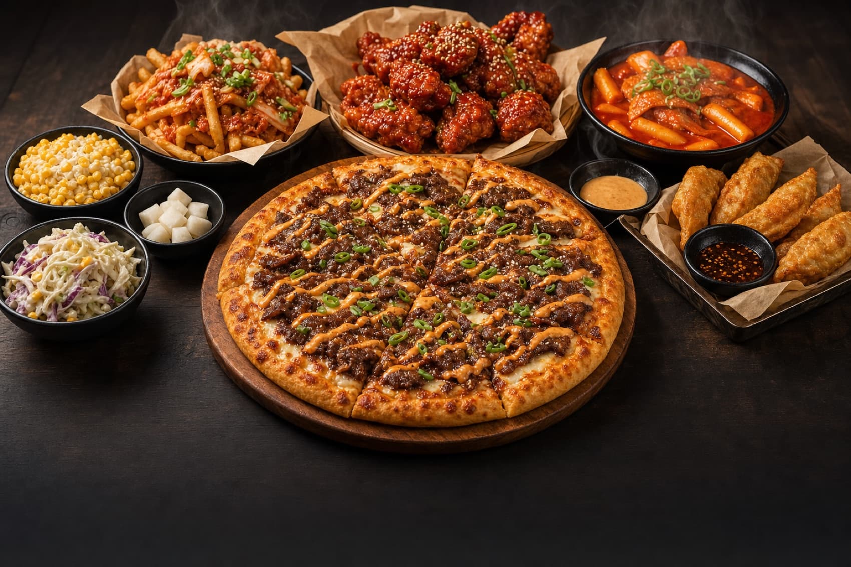A Korean feast of bulgogi pizza, glazed fried chicken wings, tteokbokki, and sides on a dark table