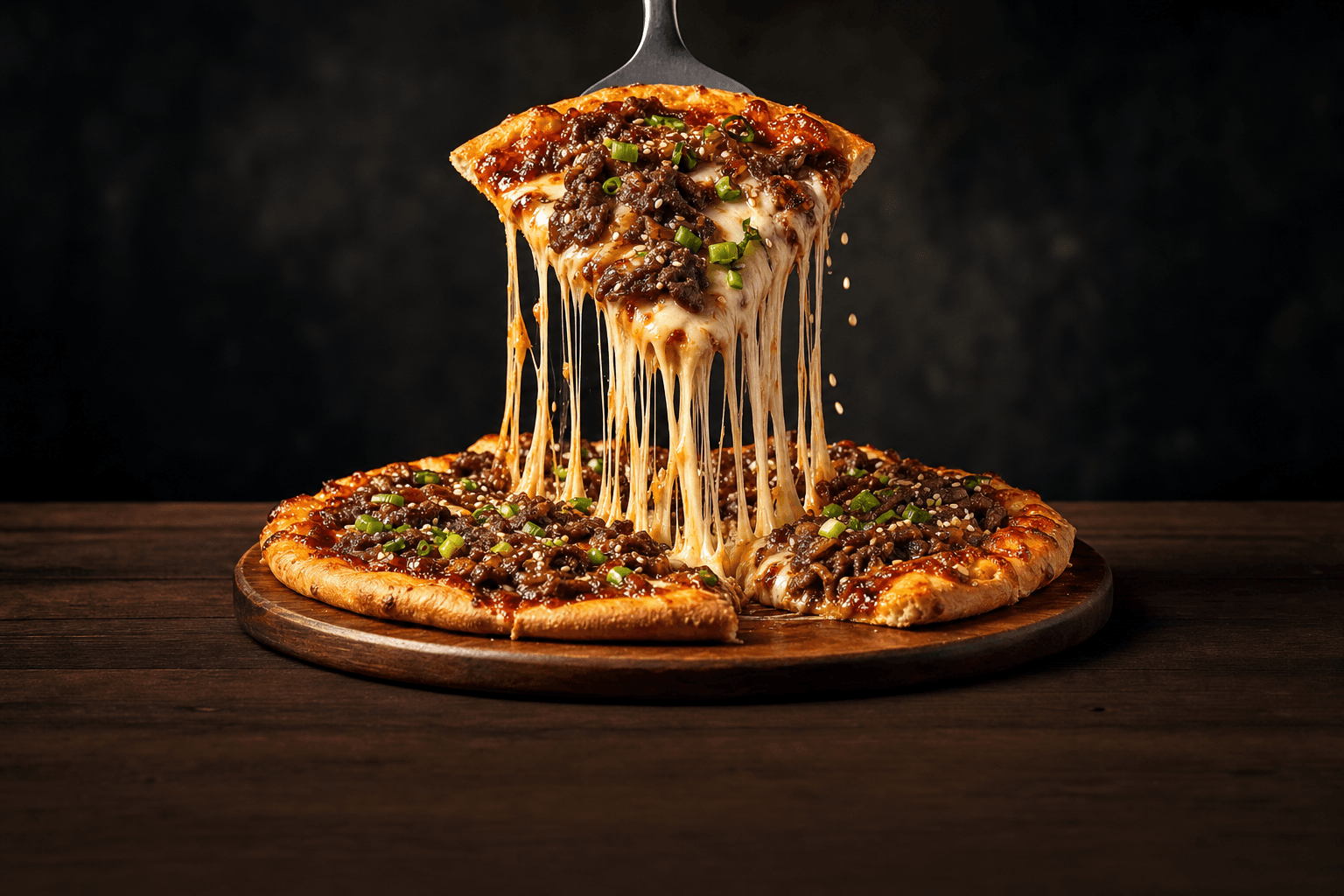 A slice of bulgogi pizza pulled from the pie, cheese stretching